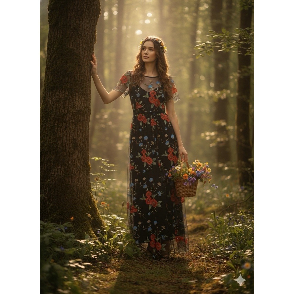 Black Mesh Floral‎ Embroidered Maxi Dress Whimsygoth Boho Sheer Fairycore XS